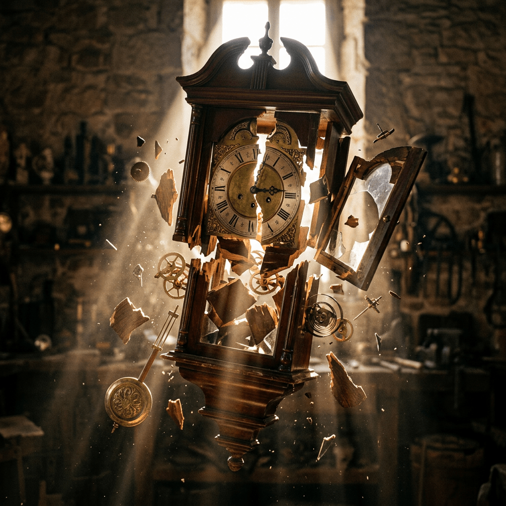 Antique wooden clock breaking apart with glass and gears flying inside a workshop