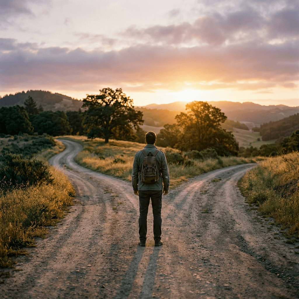 Person with backpack standing at a forked dirt road in countryside at sunset