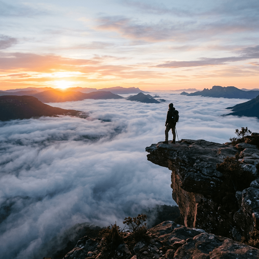 Hiker standing on cliff edge above clouds at sunrise