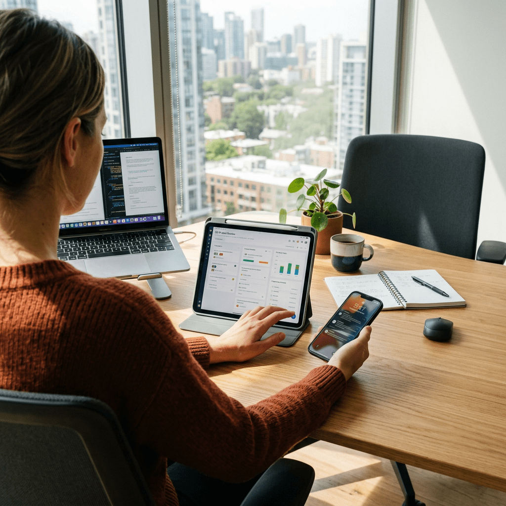 Person using laptop, tablet, and smartphone at office desk with city view