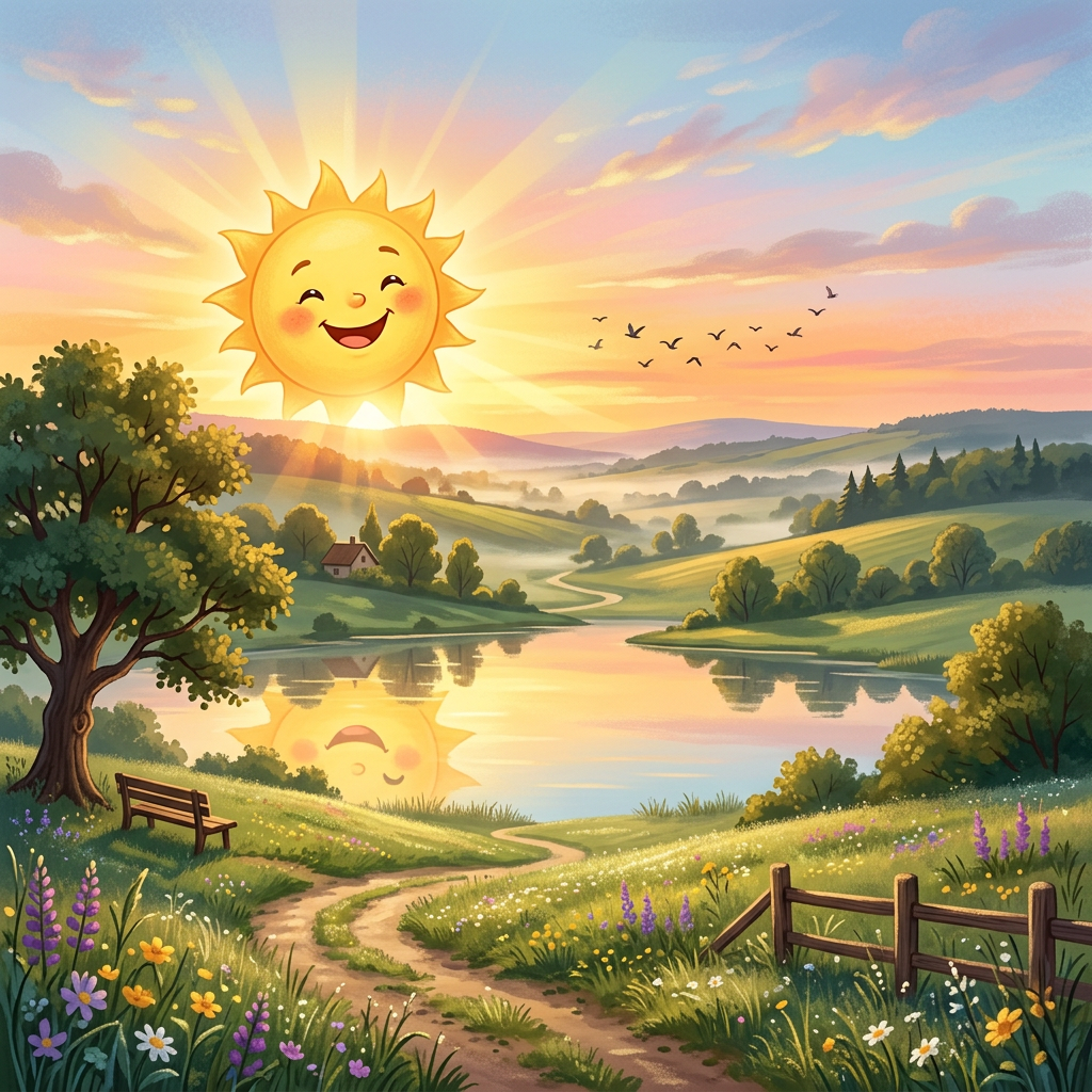 Smiling sun rising over a green countryside with a river, flowers, trees, and a winding path