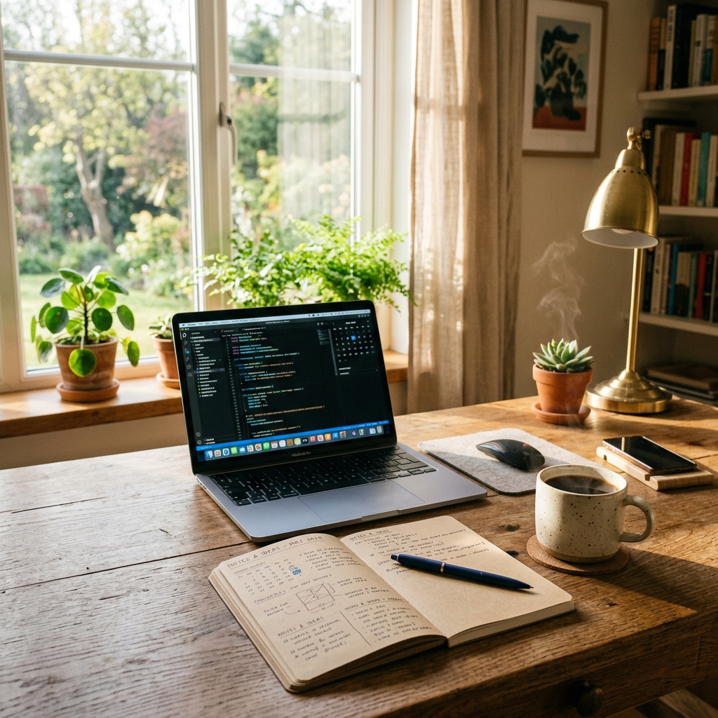 Laptop displaying code on a wooden desk with notebook, pen, coffee cup, mouse, phone, and plants near a window.