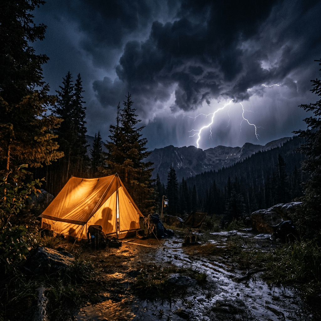 Illuminated tent at night in forest with lightning over mountains
