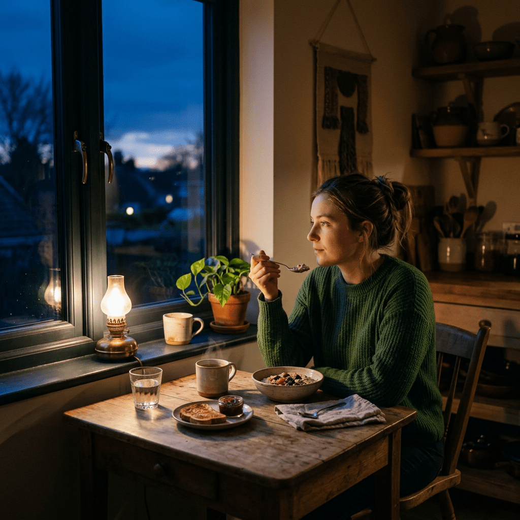 Woman eating breakfast at a wooden table by a window at dusk with a lantern and food items