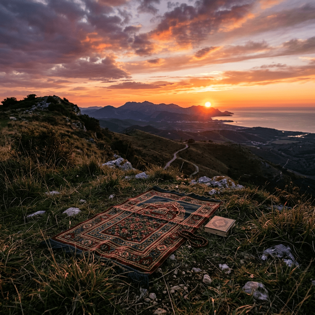 Prayer rug and religious book on grassy mountain hill at sunset