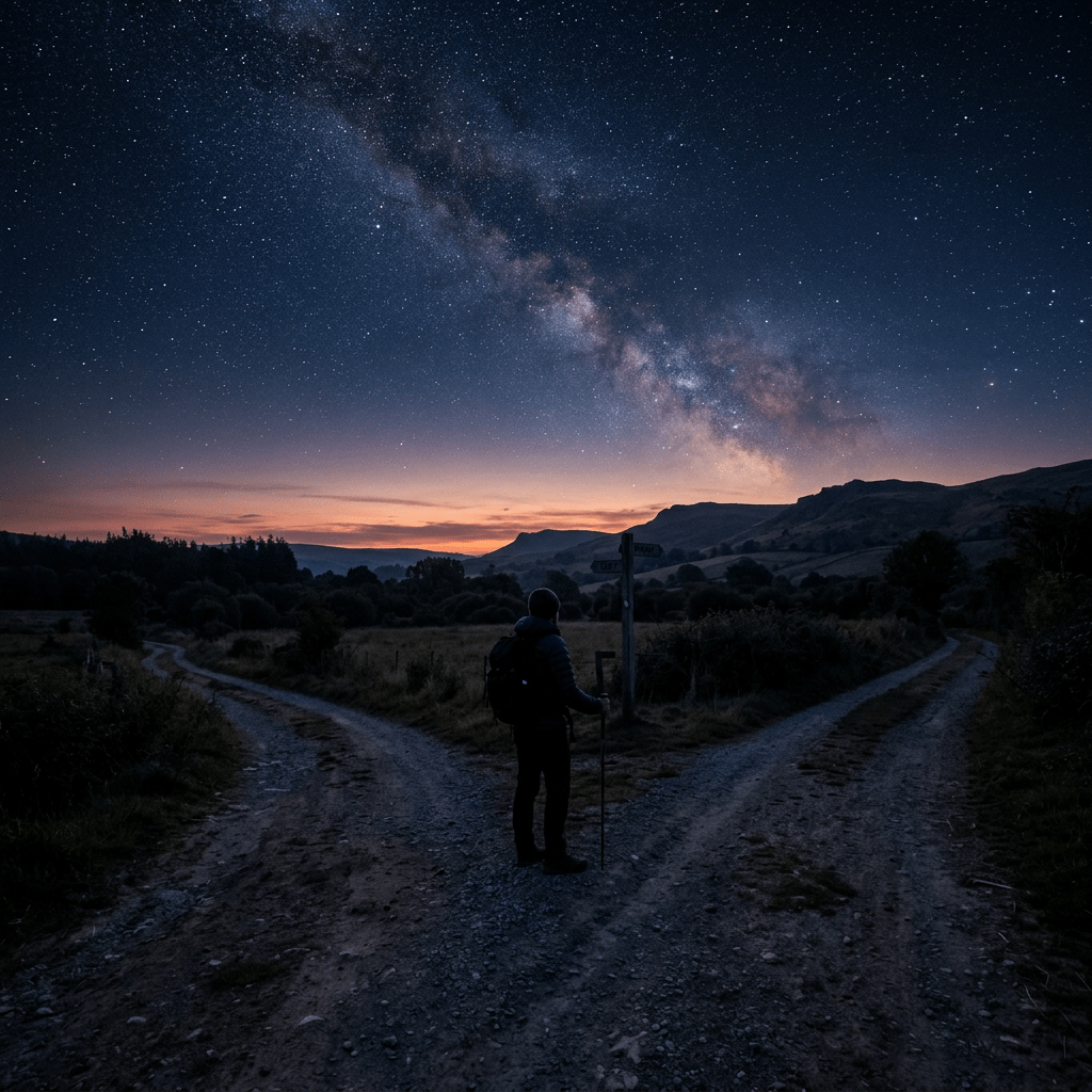 A person stands at a fork in a dirt path looking at a signpost beneath a starry night sky with the Milky Way visible