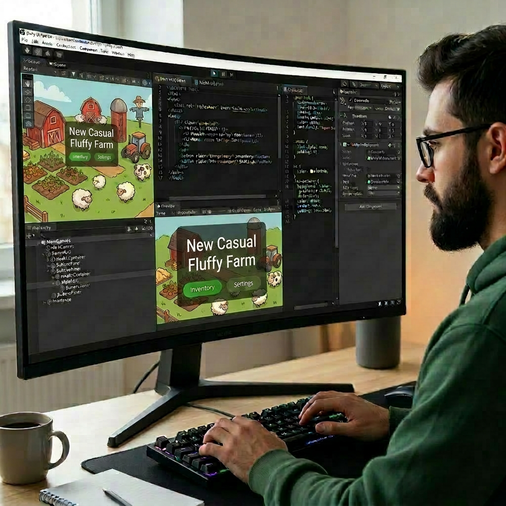 Computer screen showing Unity editor with game UI code and forest level preview