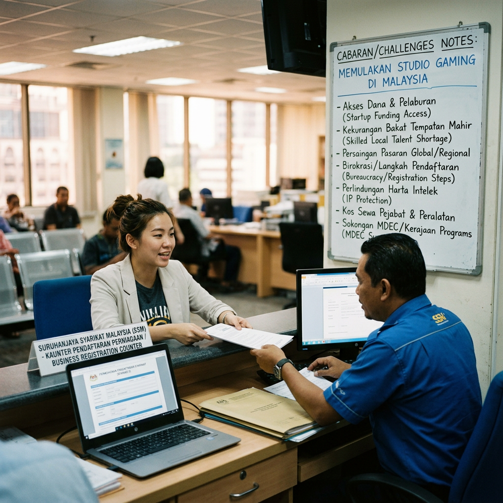 A woman submitting business registration documents to an officer at the Malaysia Companies Commission counter