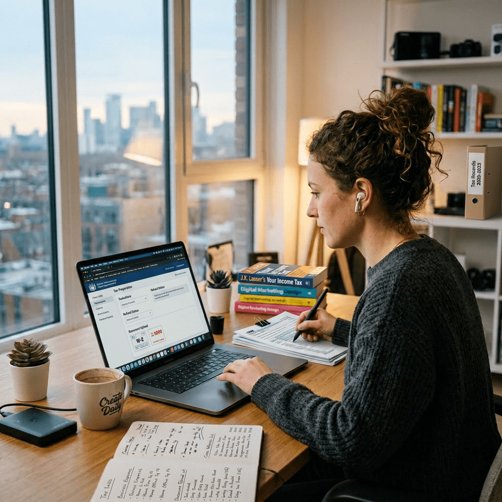 Woman completing tax forms on laptop and paper in home office
