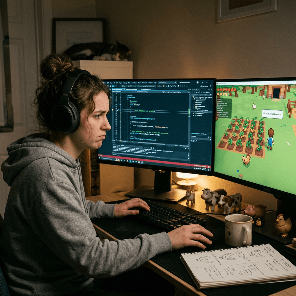 Woman with headphones coding on computer screens, one showing game graphics of a farm