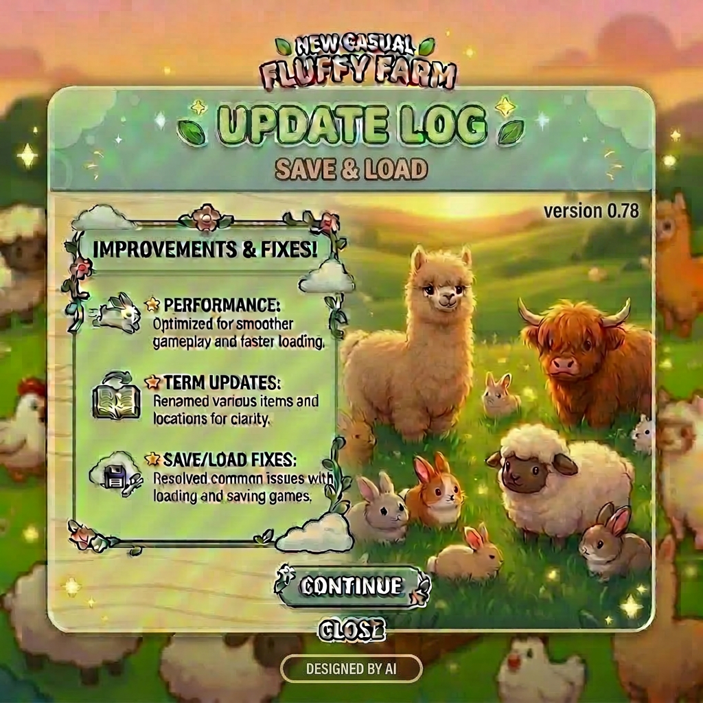 New Casual Fluffy Farm update log version 0.78 listing performance, term updates, and save/load fixes with cartoon farm animals in background