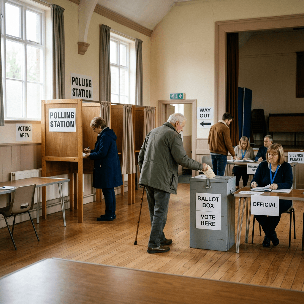 Elderly man voting at ballot box inside polling station with officials and voting booths