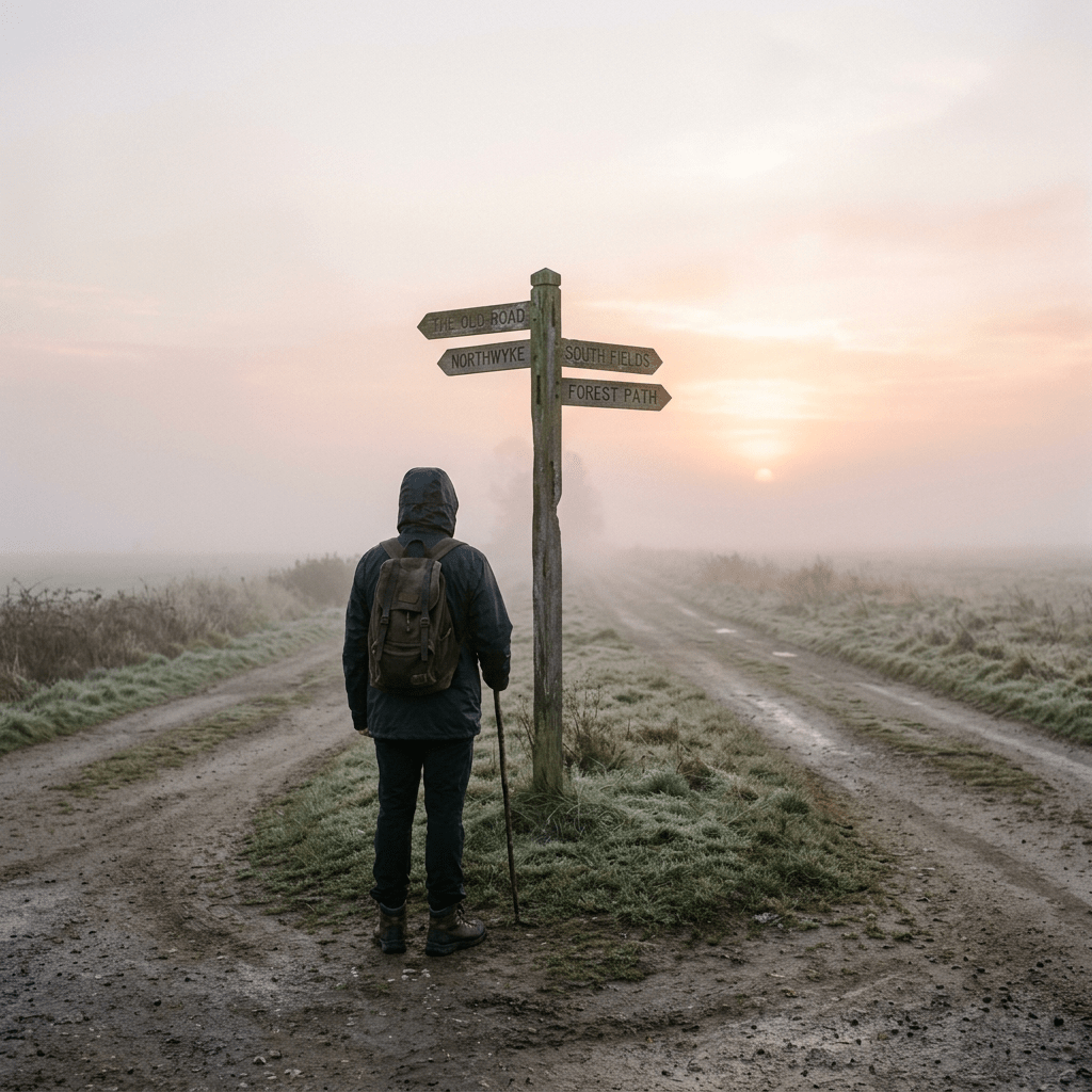 Person with backpack and walking stick standing at a wooden signpost with multiple direction signs on foggy rural paths.