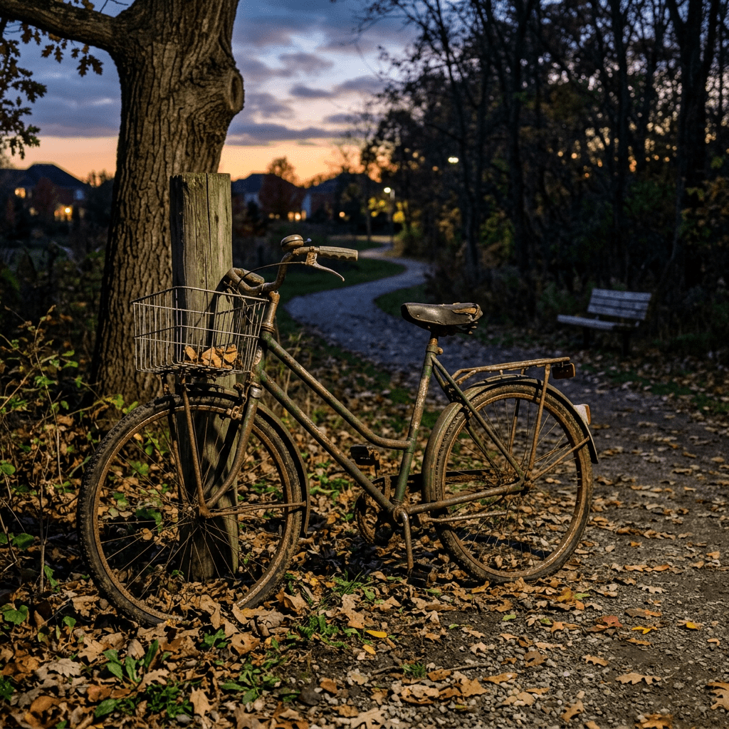 Rusty bicycle with basket leaning on wooden post next to leaf-covered path at dusk
