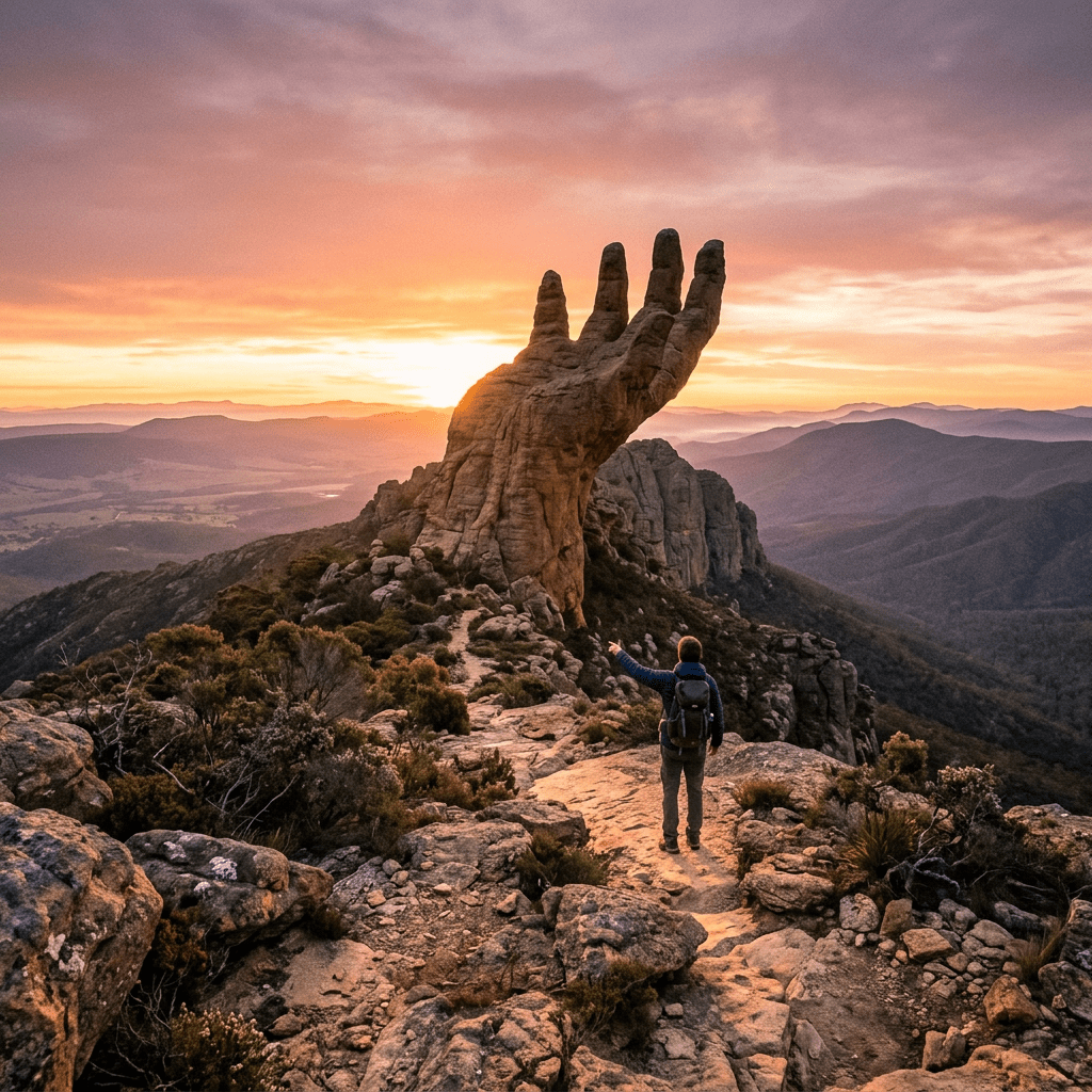 Hiker facing a large stone hand sculpture on a rocky mountain trail at sunset