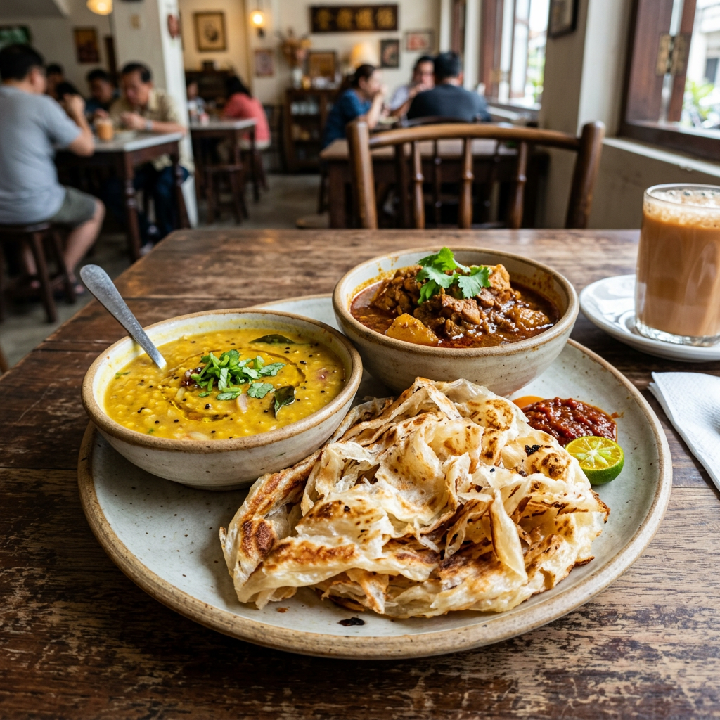 Plate with dosa, yellow sambar, brown curry, red chutney, lime, and glass of chai tea