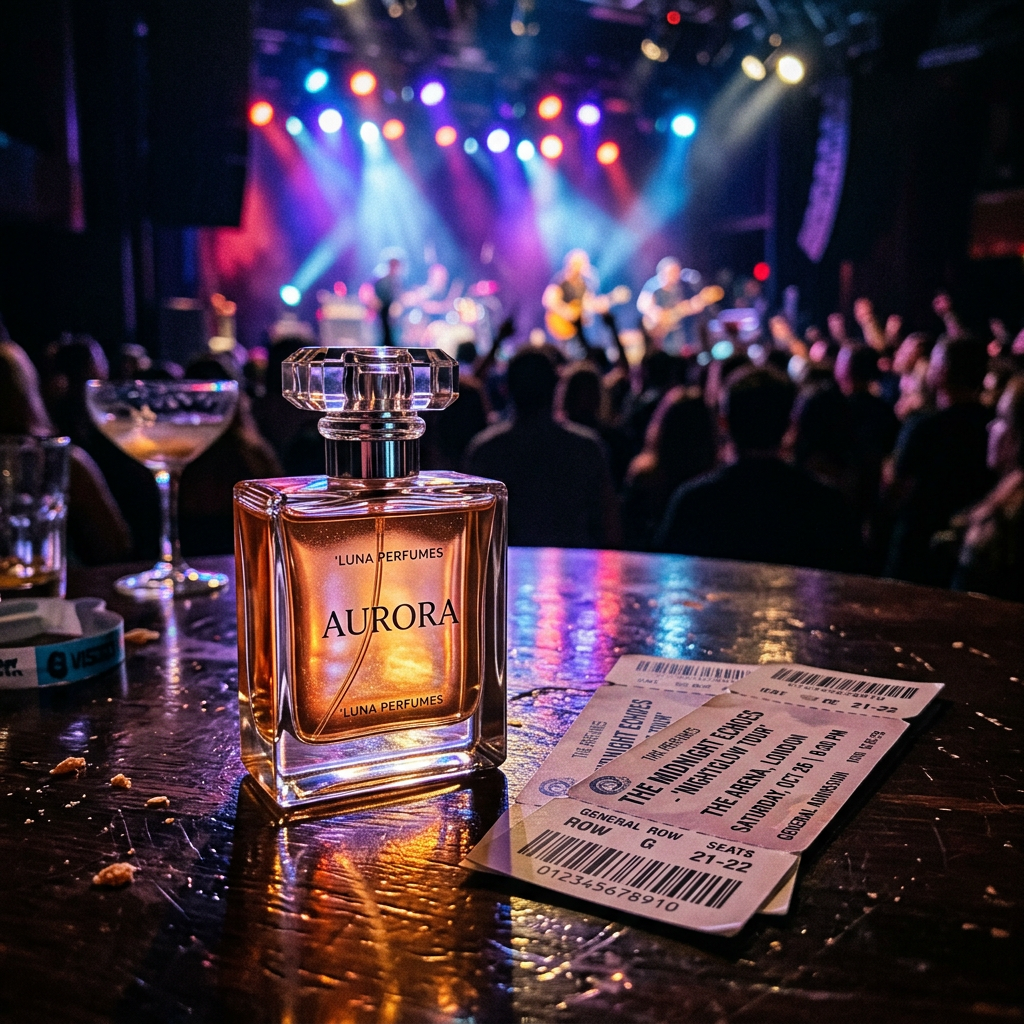 Perfume bottle labeled Aurora by Luna Perfumes next to concert tickets on a table with a live band performing in the background