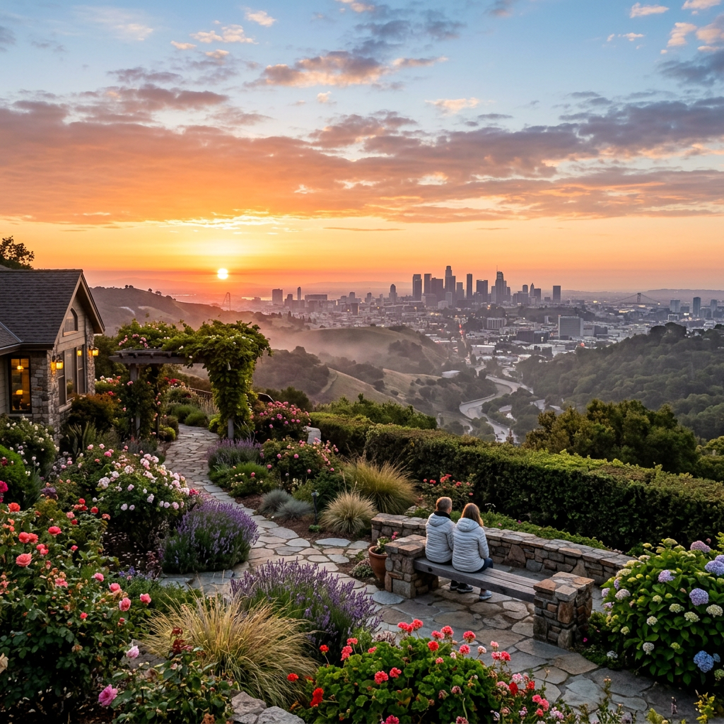Couple sitting on a stone bench in a garden overlooking a city skyline at sunset