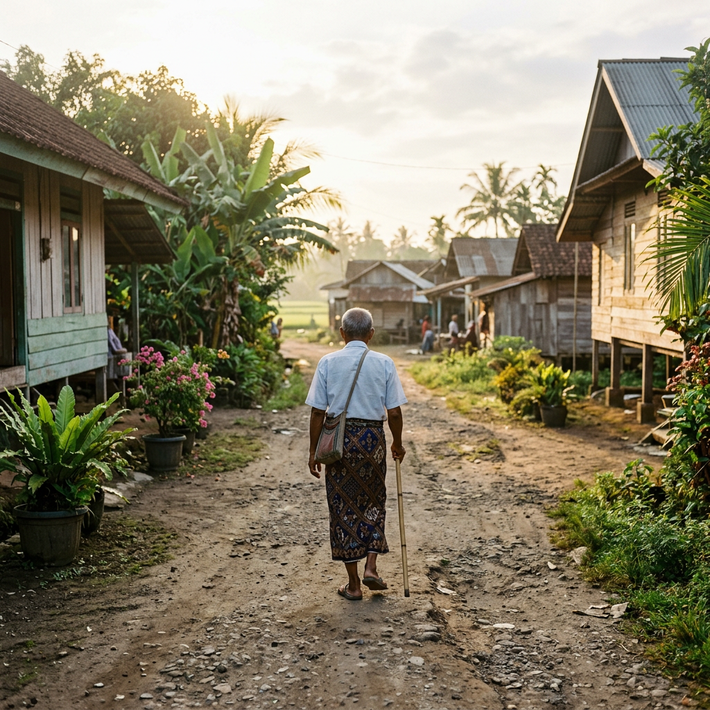 Elderly individual walking with cane down a dirt road between wooden houses