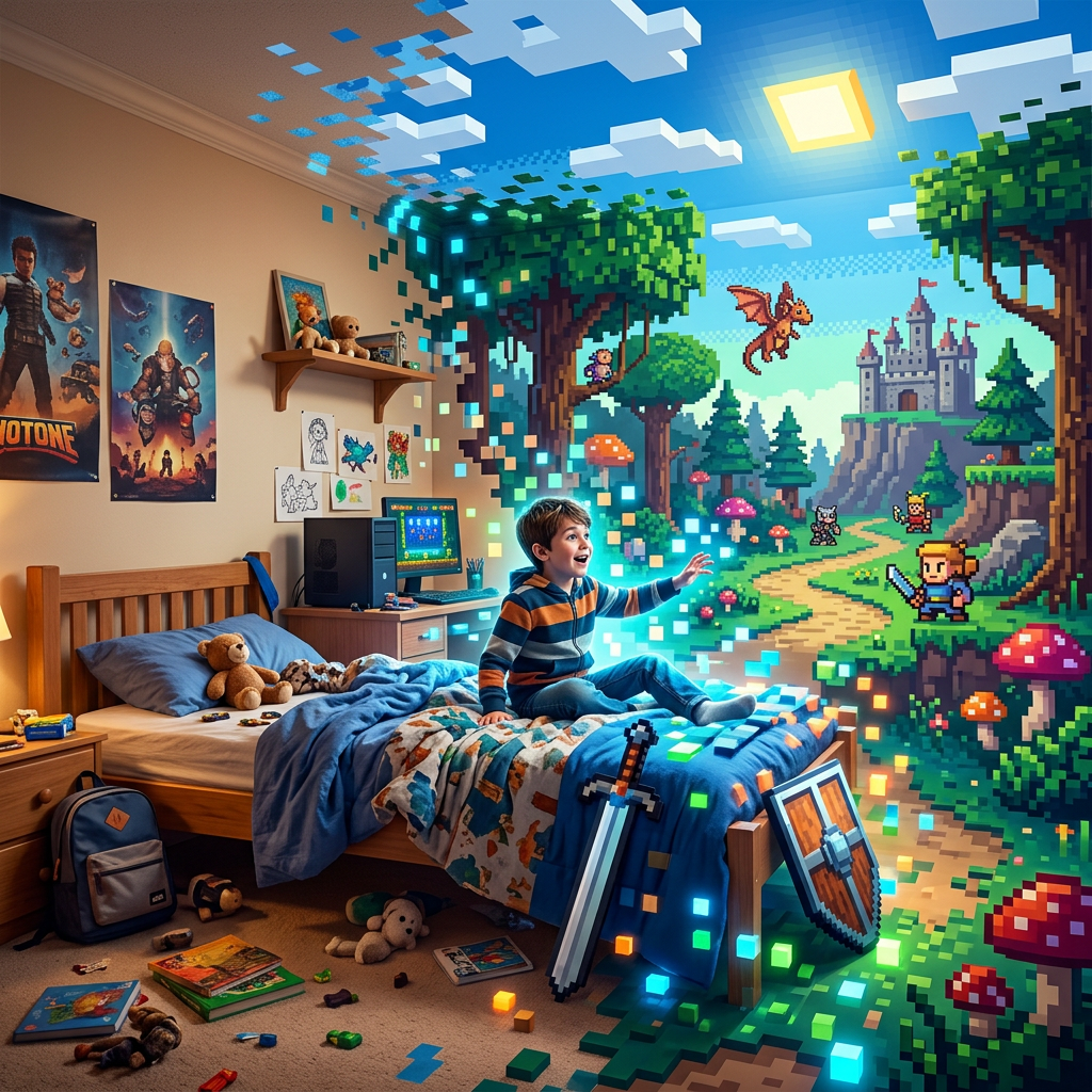 A boy sitting on his bed reaching towards a pixel art fantasy scene blending into his room