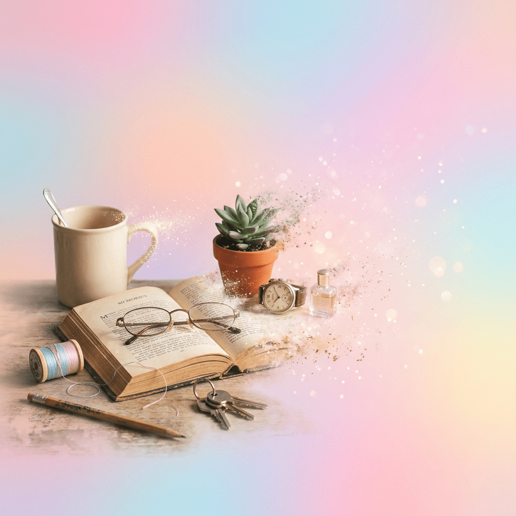 Open book with glasses, cup with spoon, keys, pencil, spool of thread, succulent, watch, and perfume bottle fading into sparkles on a pastel background.