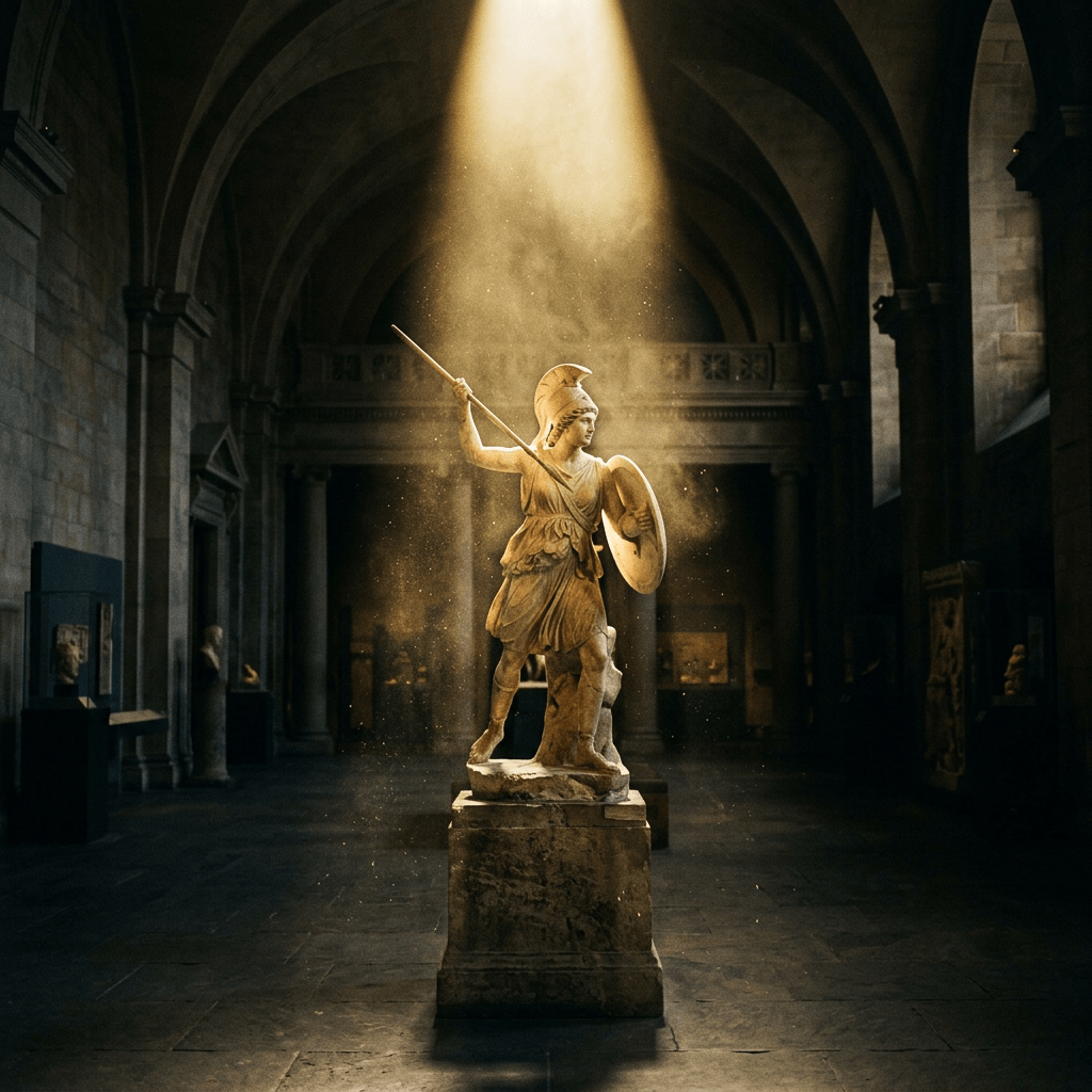 Ancient warrior statue holding spear and shield under spotlight in museum