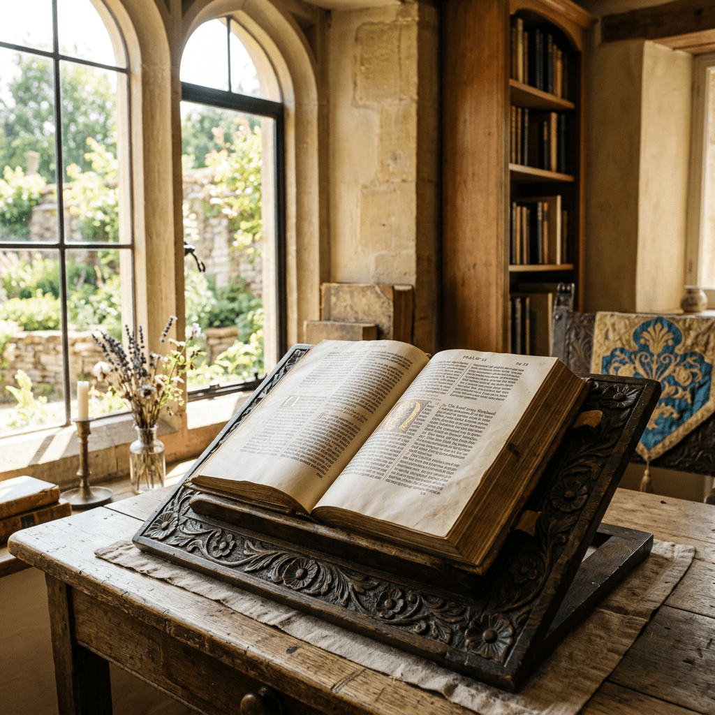 Open antique book on carved wooden stand beside window with garden view