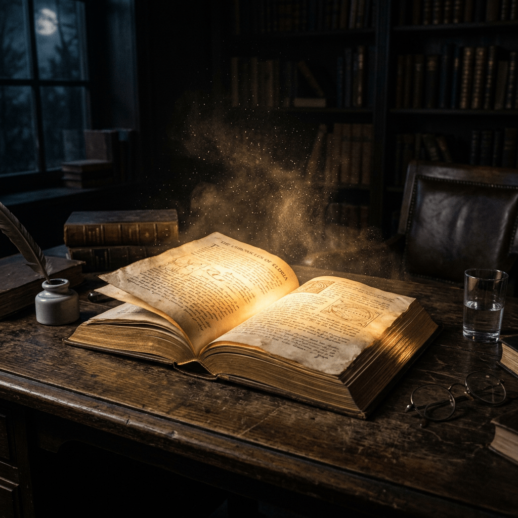 Open ancient book glowing on wooden desk with floating dust particles