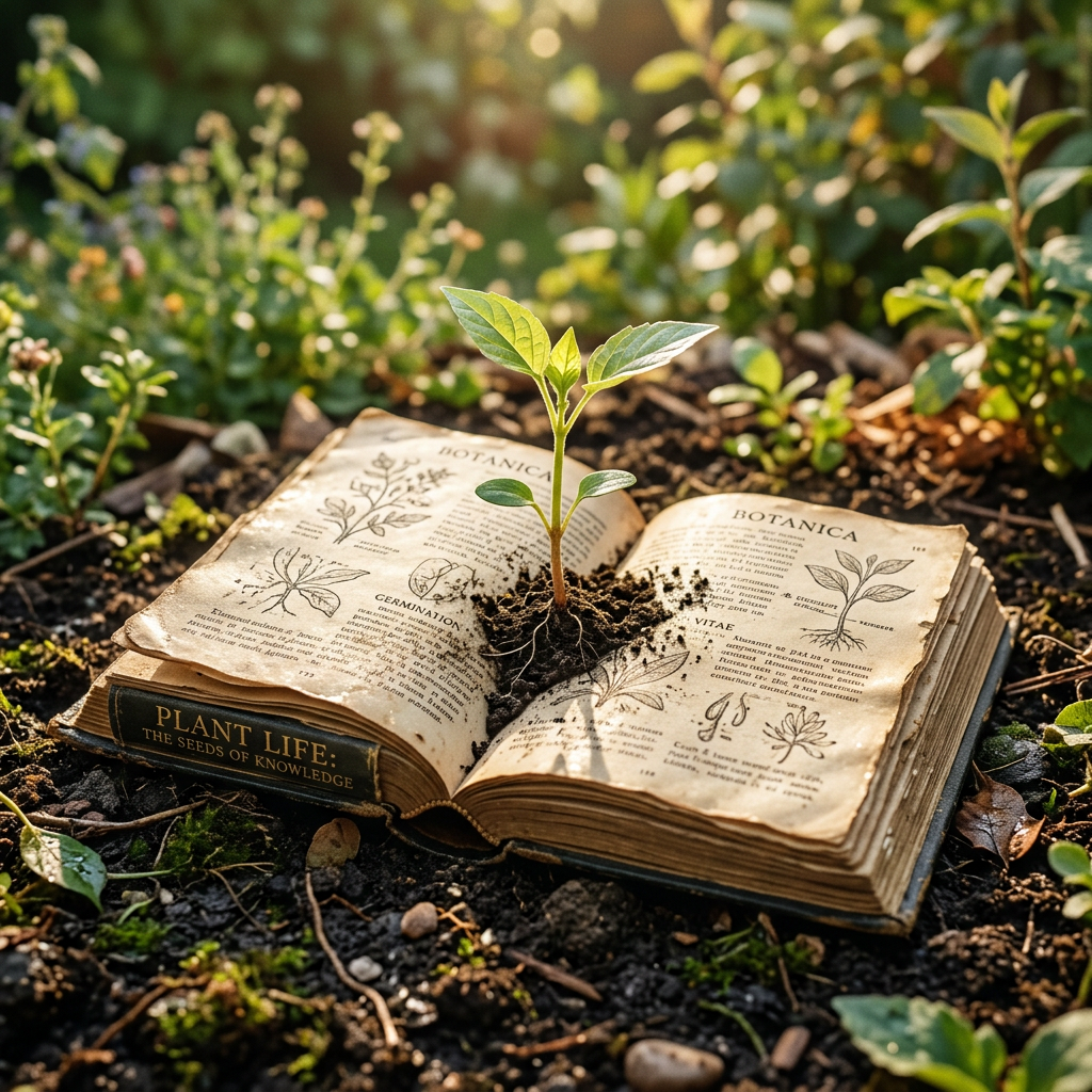 A small green plant growing from the center of an open botanical book on soil