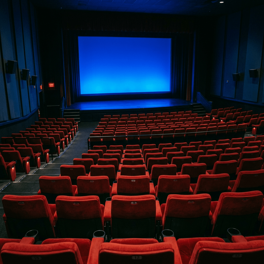 Empty movie theater with red seats facing blue-lit screen