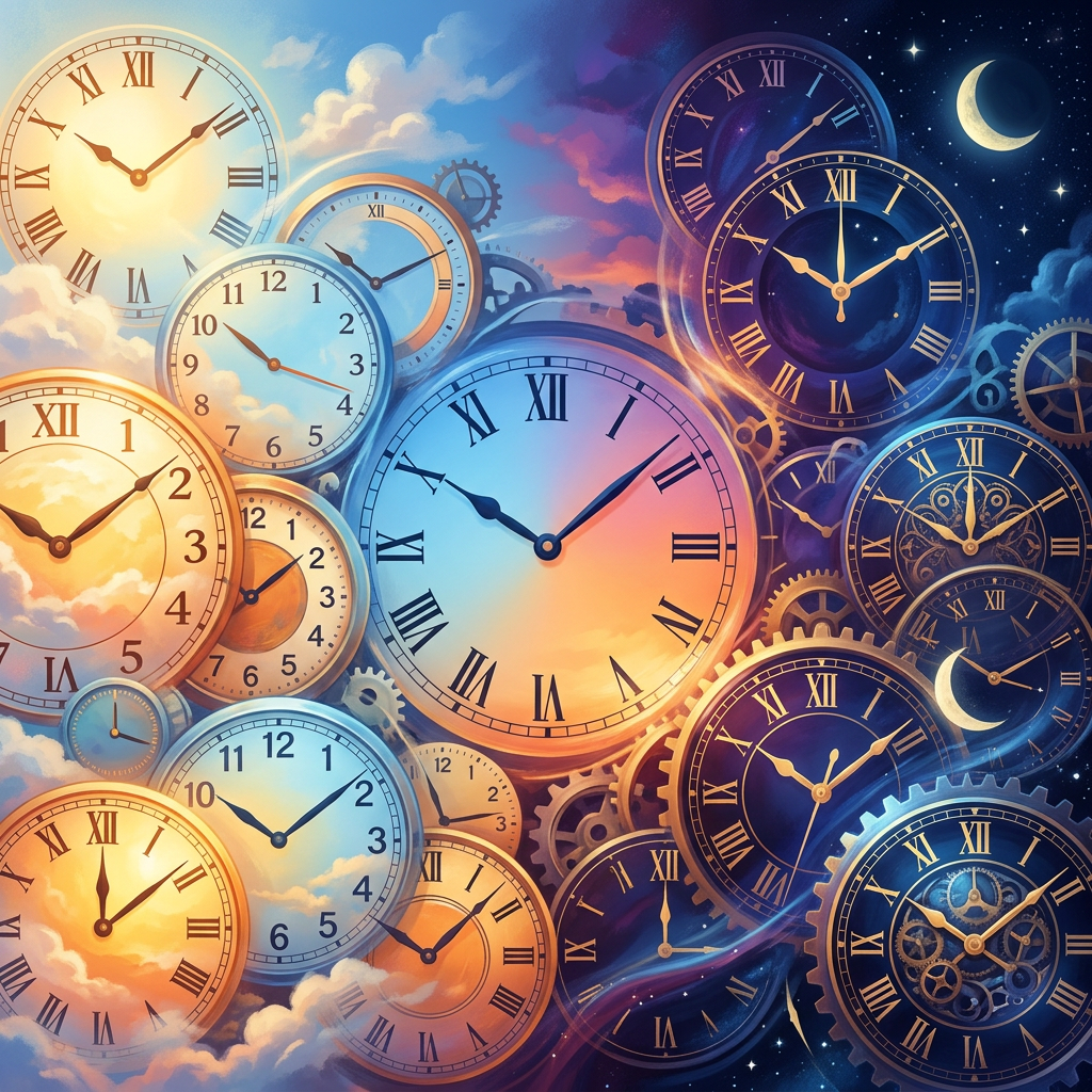 Clocks with various times showing day and night transition with sun and moon