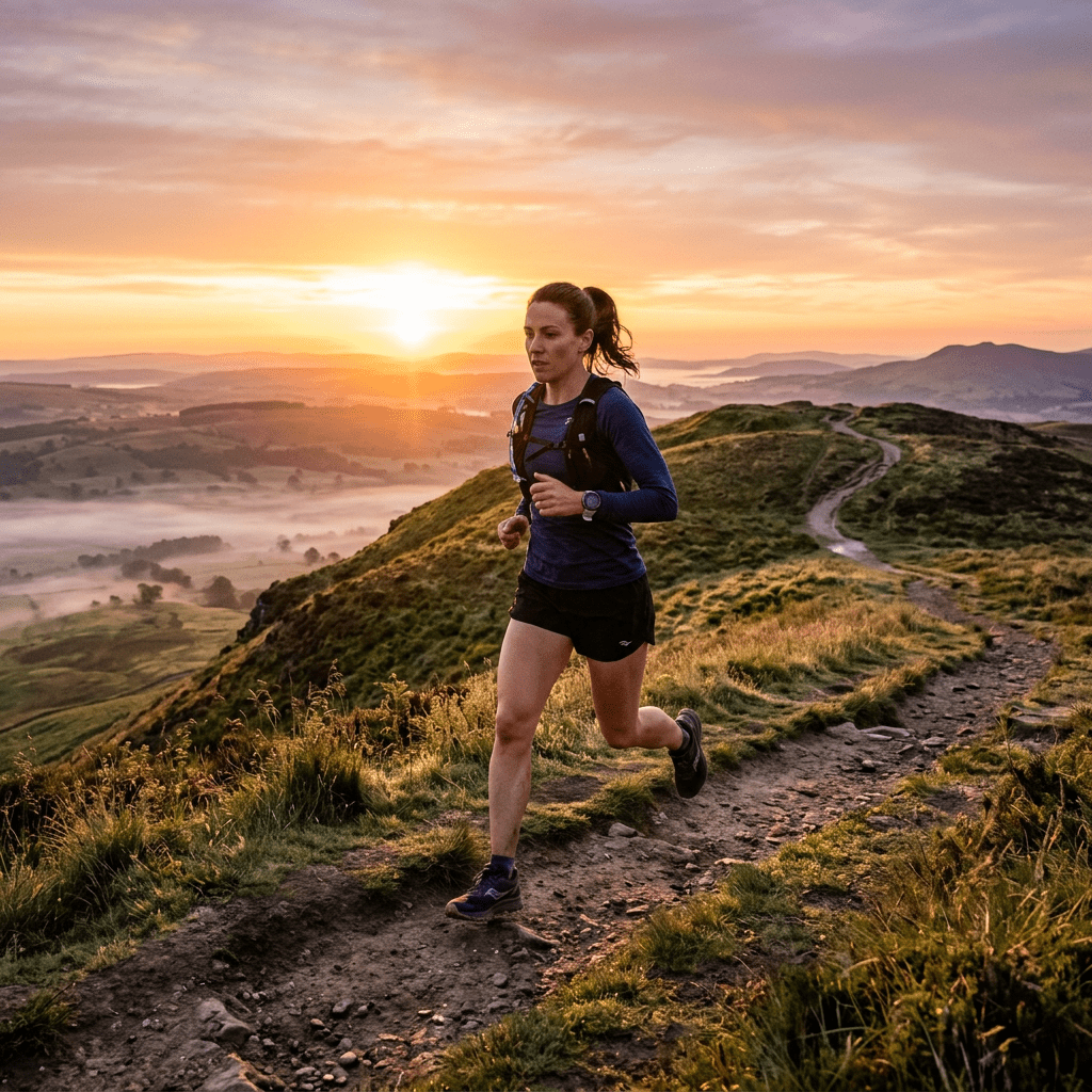 Woman running on a hilly trail during sunrise with scenic landscape