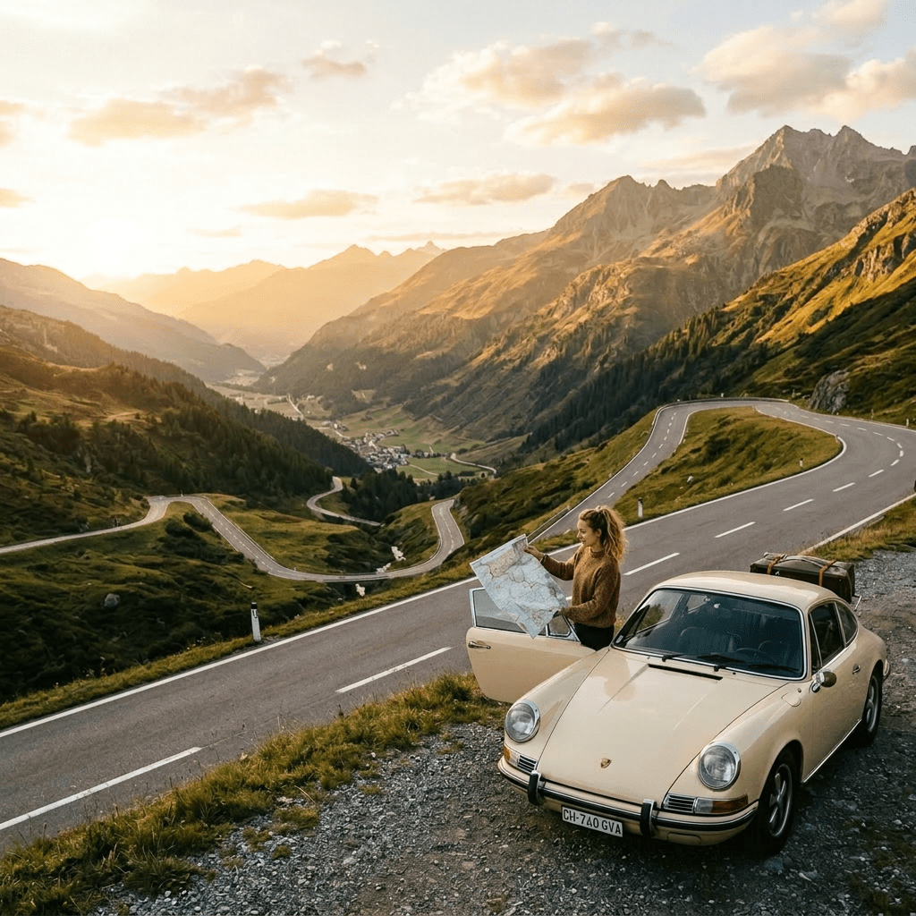 Woman holding a map beside a vintage cream-colored car on a mountain road