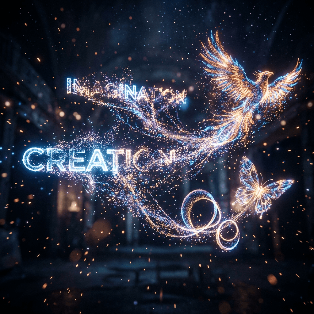 Glowing particles forming the words IMAGINATION and CREATION with a phoenix and butterfly