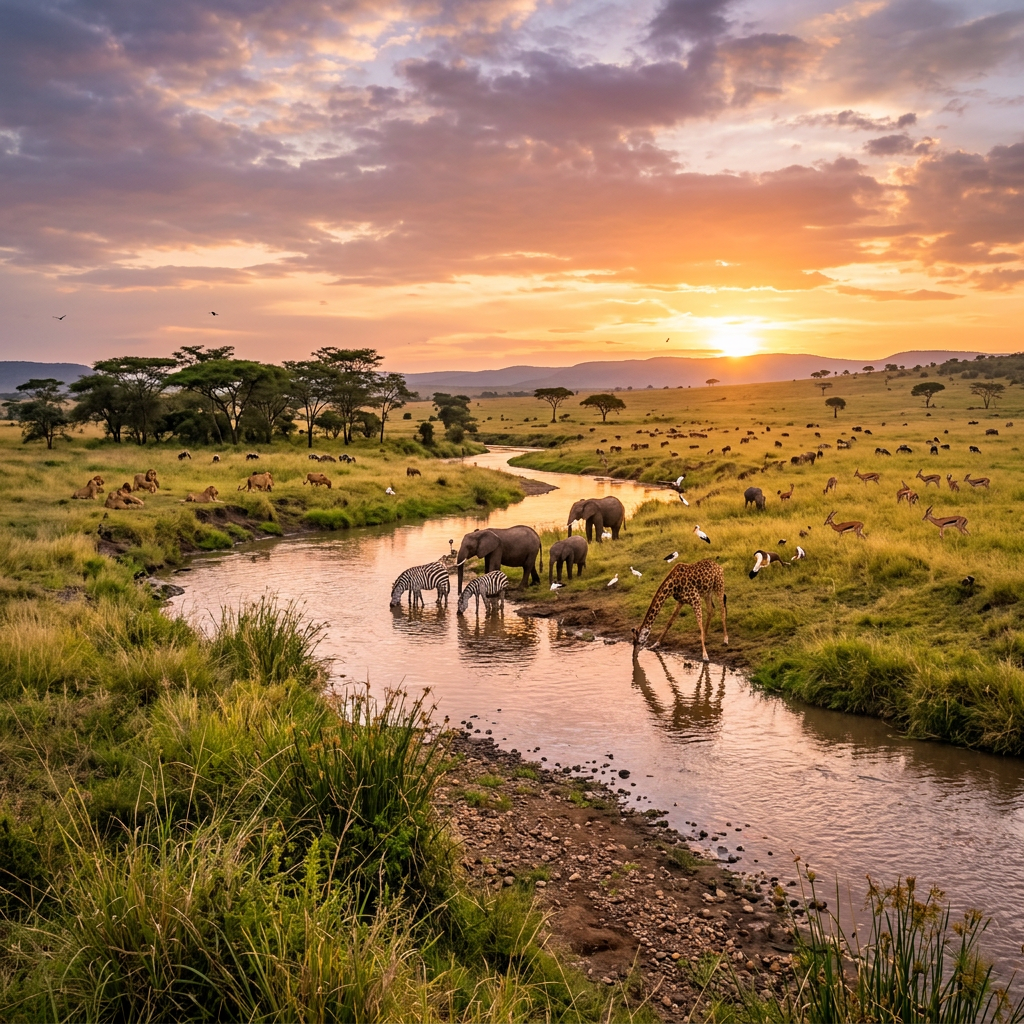 Elephants, giraffe, zebras, lions, and antelopes near a river at sunset in the African savanna