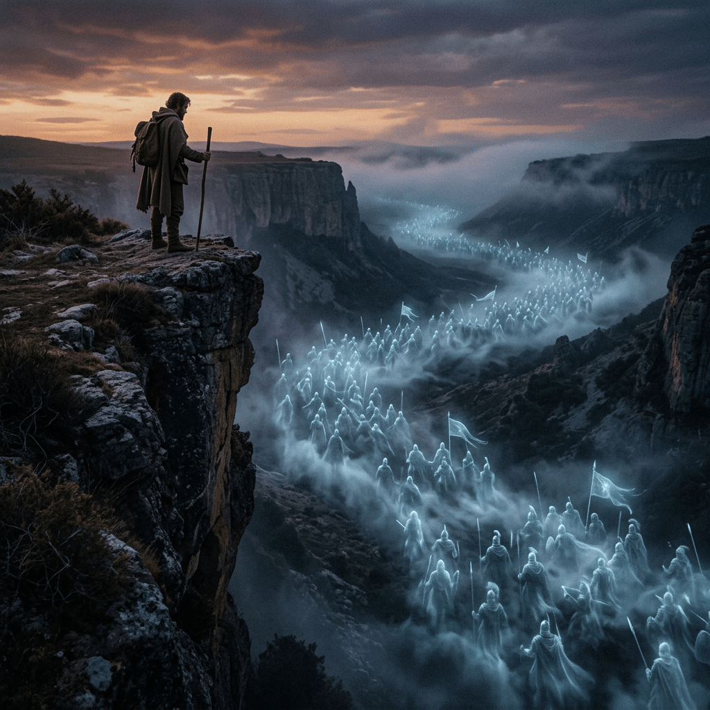 Traveler stands on cliff edge overlooking ghostly army moving through foggy valley