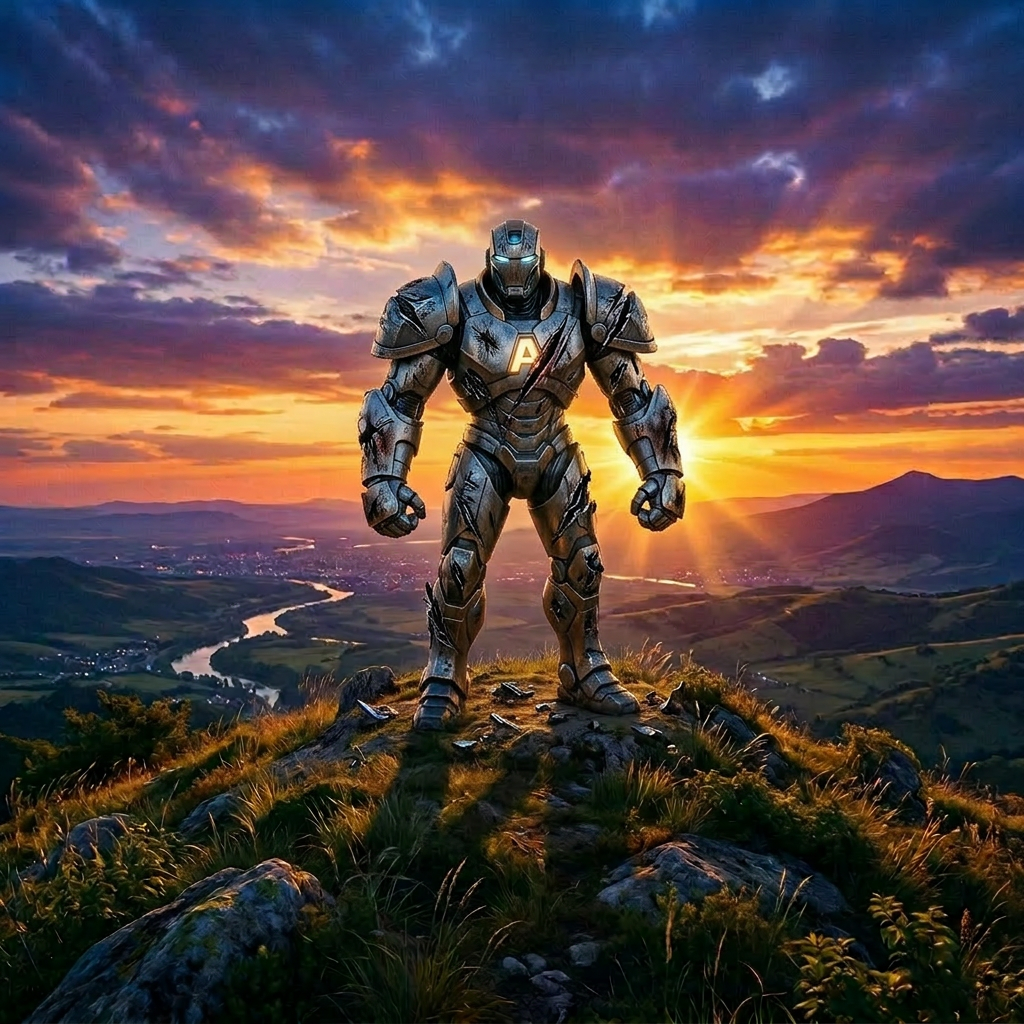 Futuristic armored knight holding a sword and shield on a hill at sunset