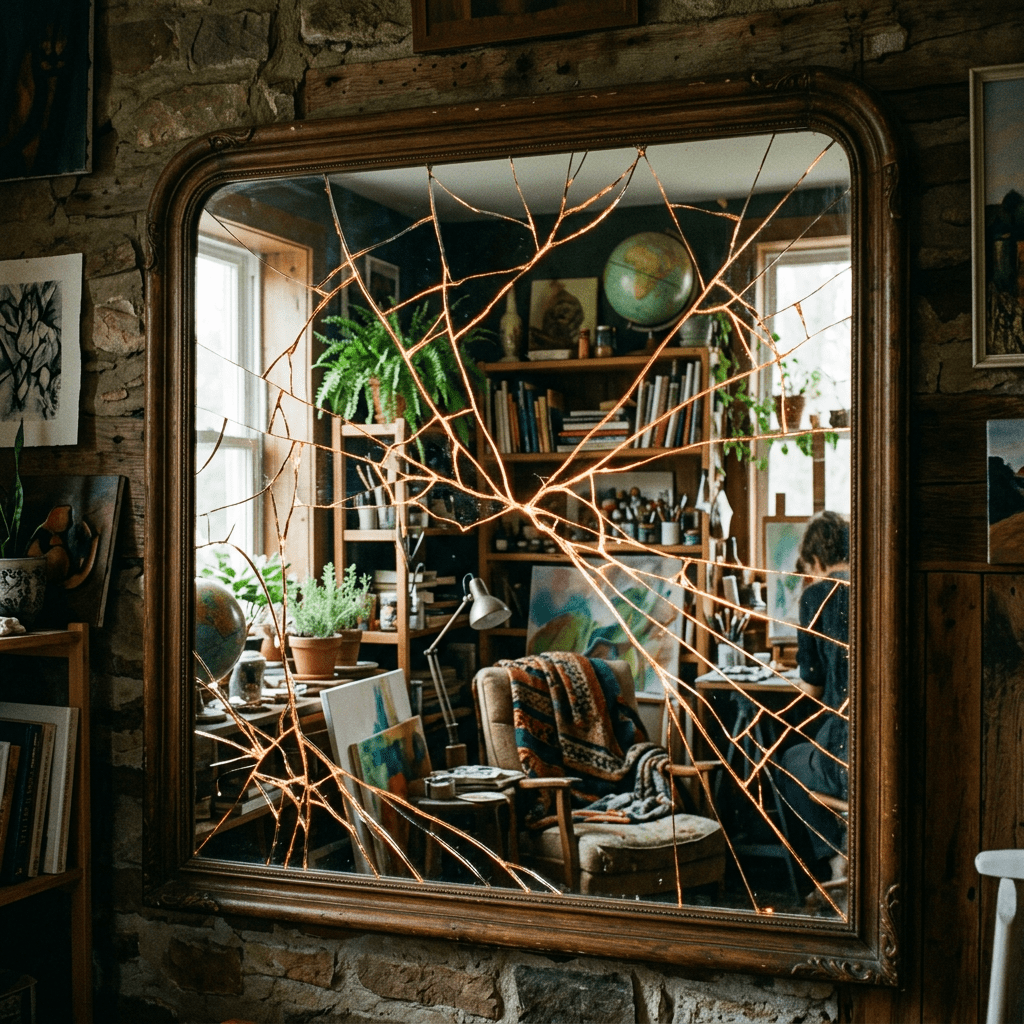 Cracked mirror reflecting an artist's studio with books, plants, and paintings