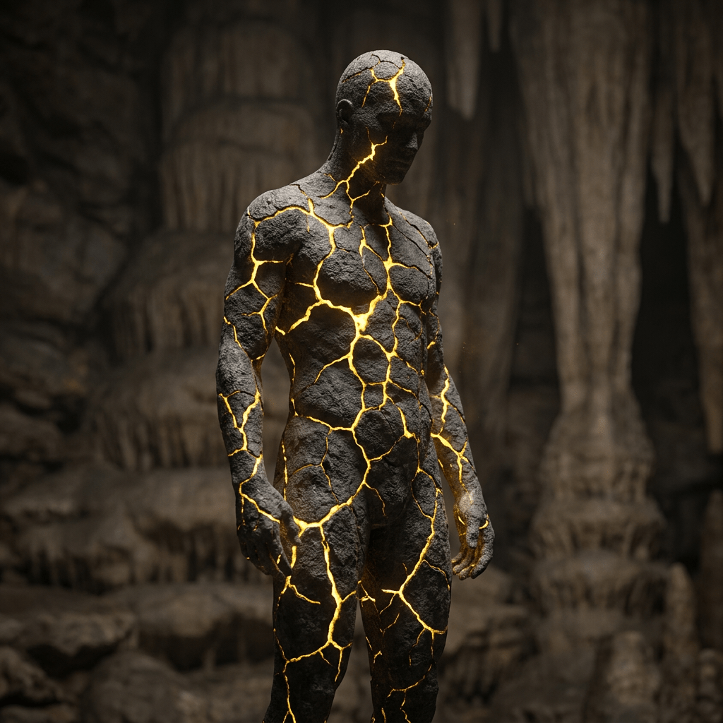 Humanoid figure made of cracked dark stone with glowing golden light shining through cracks, standing in a cave