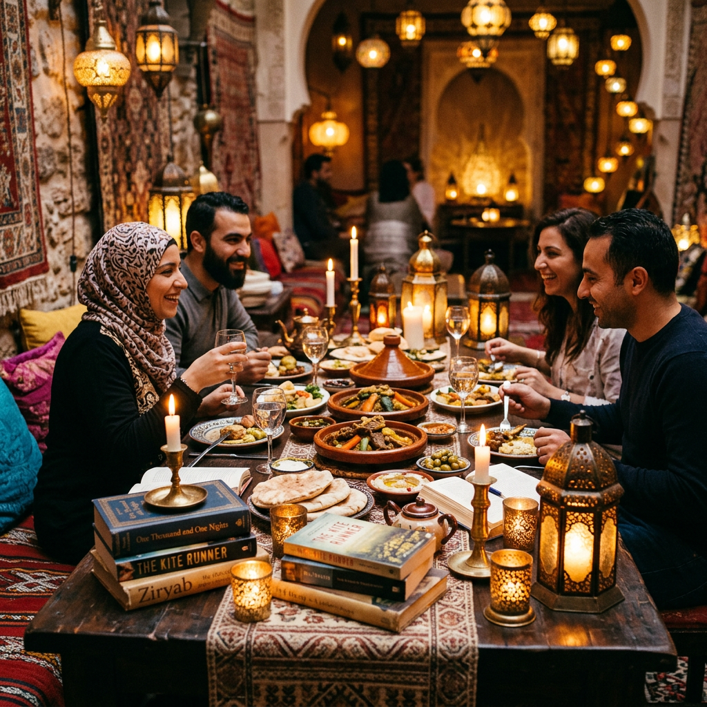 Four friends sharing a meal with Moroccan food and lit candles at a low table