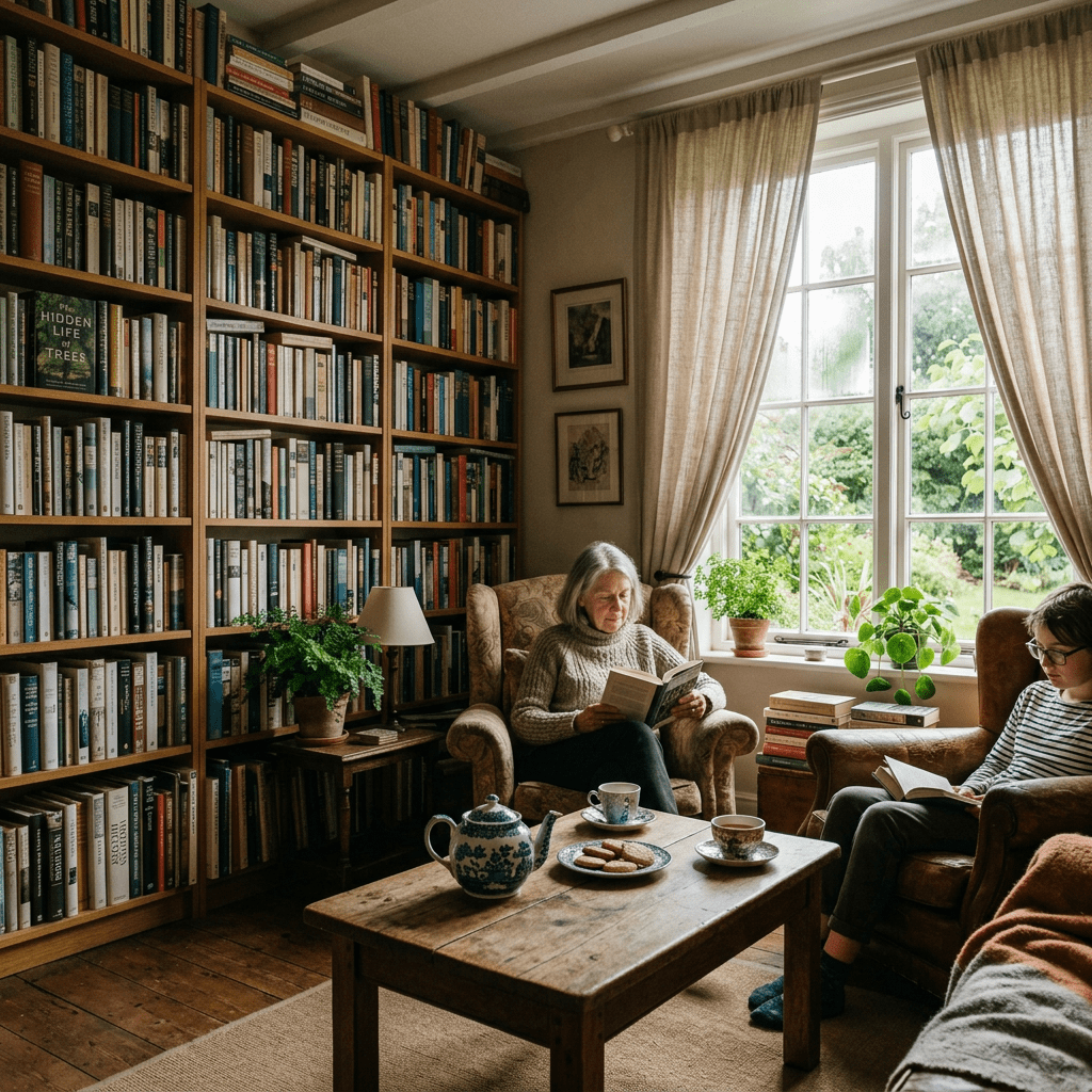 Two people seated in armchairs reading books in a home library with large bookshelf and window