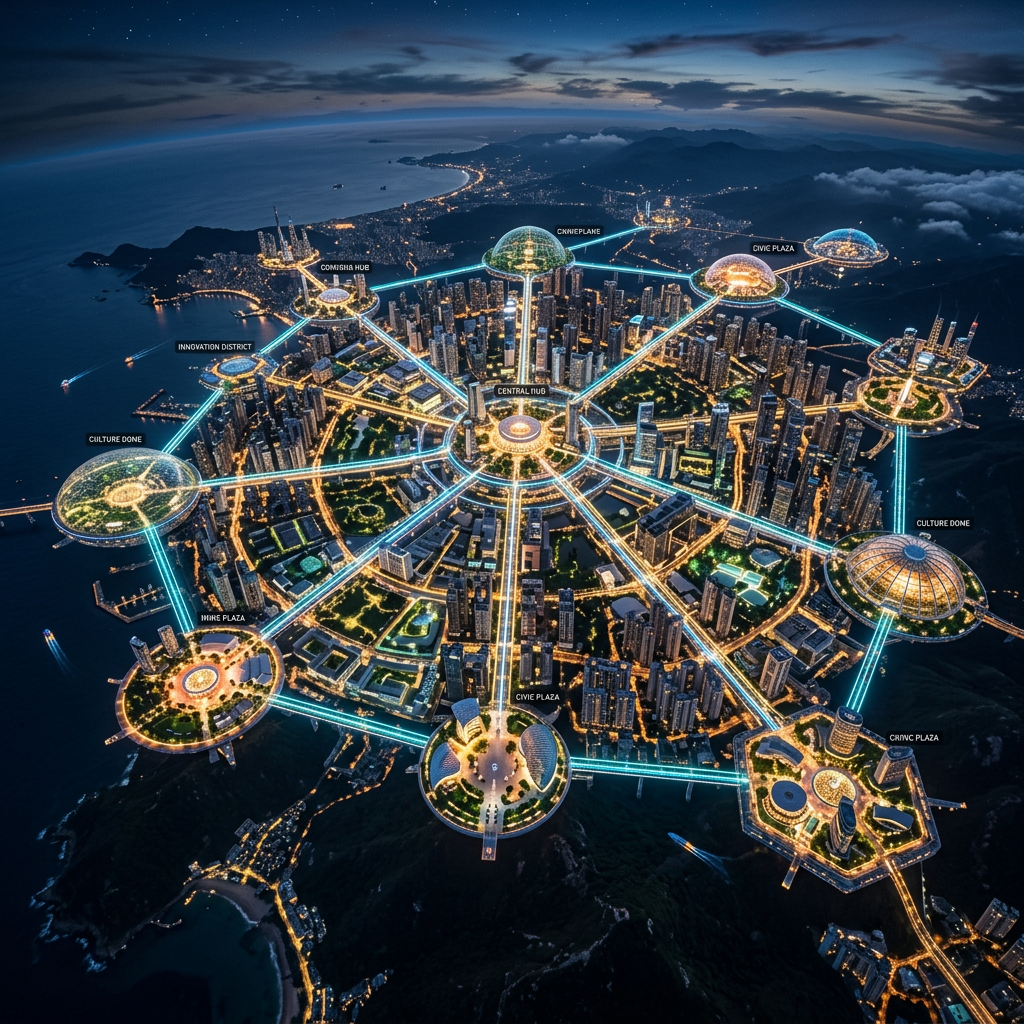 Night aerial view of a futuristic city with connected hubs labeled Central Hub, Commerce Plane, Civic Plaza, Innovation District, Culture Dome, and more