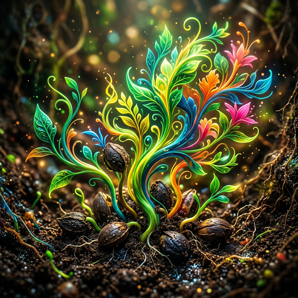 Seeds sprouting bright multicolored leaves and flowers in dark soil