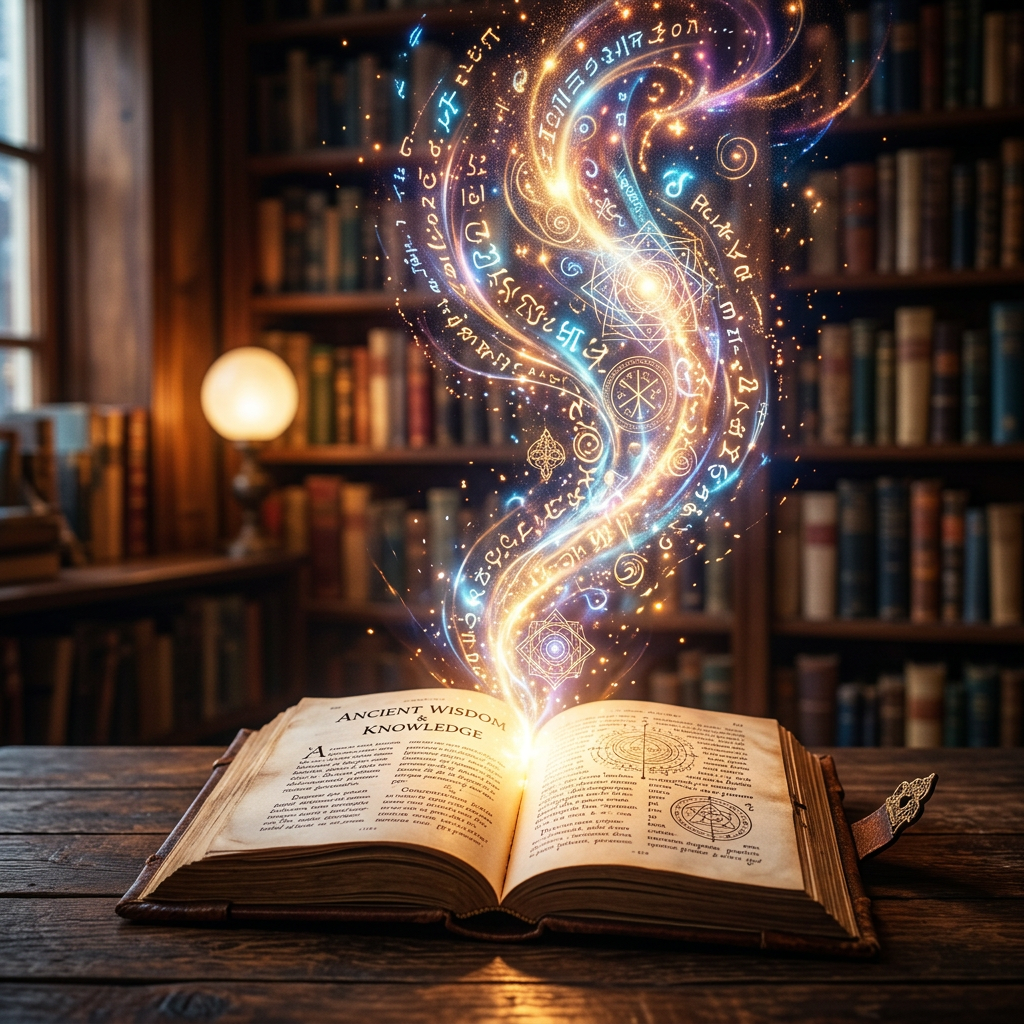 Open ancient book on wooden table with glowing magical symbols rising