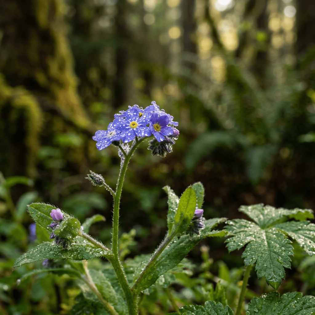 Small blue wildflowers with yellow centers covered in morning dew drops