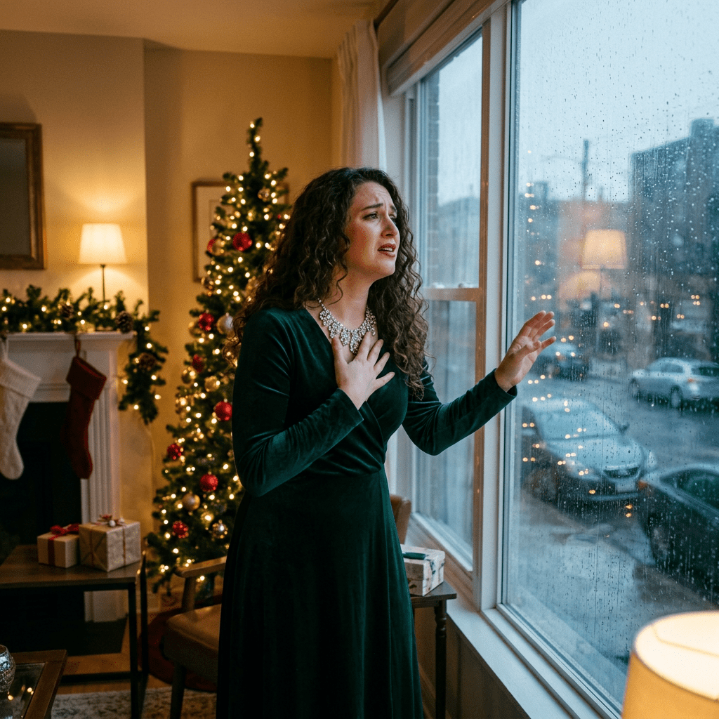 Woman in green dress with hand on chest looking sadly out rainy window with Christmas decorations inside