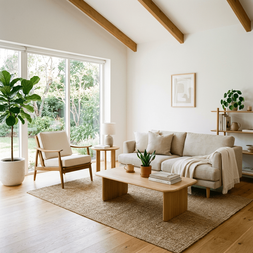 Living room with beige sofa, wooden armchair, coffee table, and large window showing garden