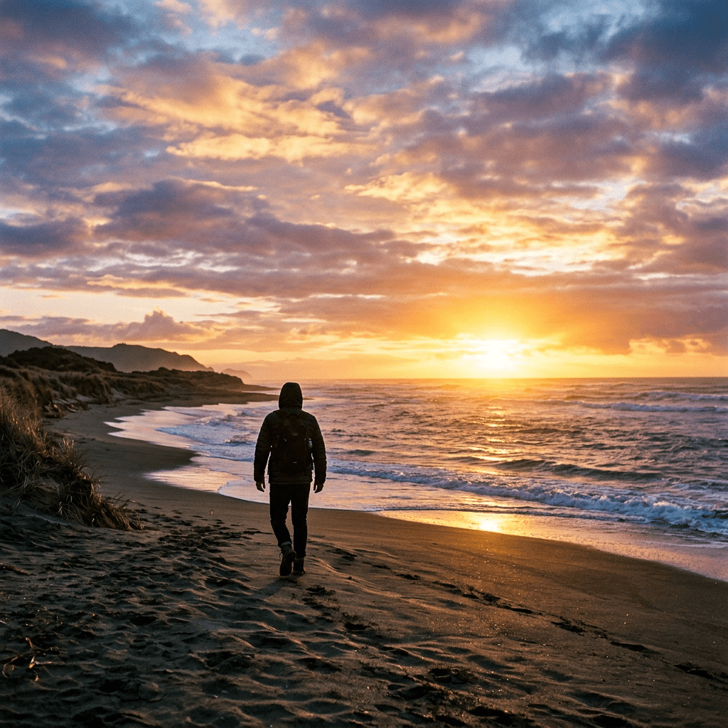 Person wearing a hooded jacket and backpack walking on a beach toward the sunset over the ocean.