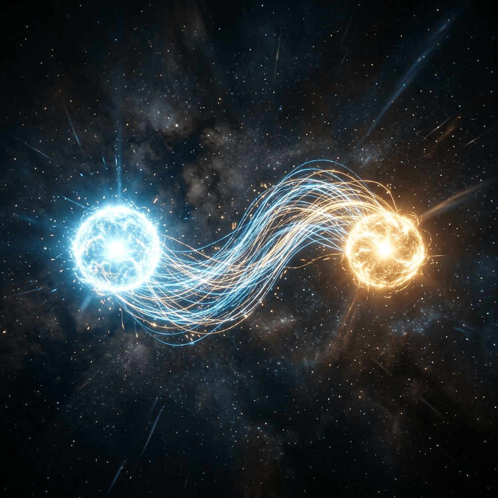 Blue and orange stars linked by flowing energy streams in space
