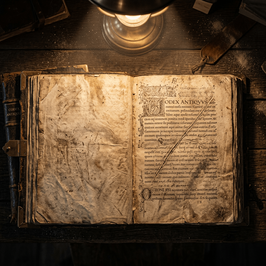 Open old manuscript with Latin text and ornate letters on wooden table illuminated by lamp